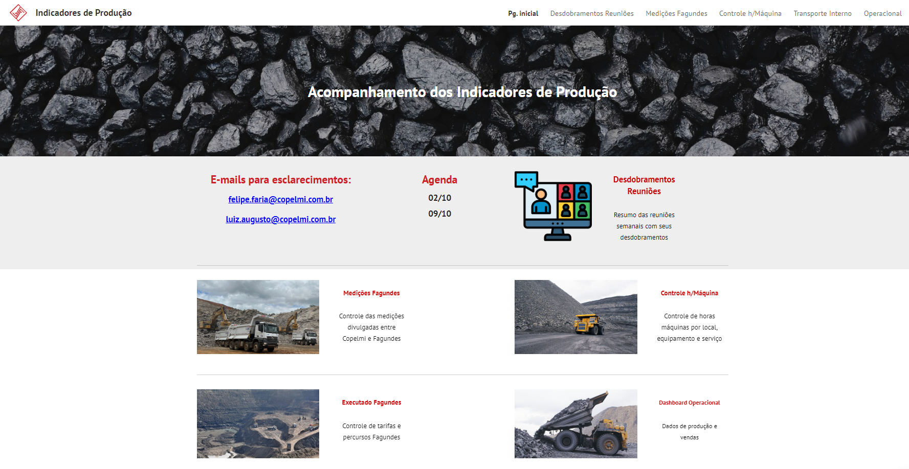 Tela inicial do portal Indicadores de Produção
